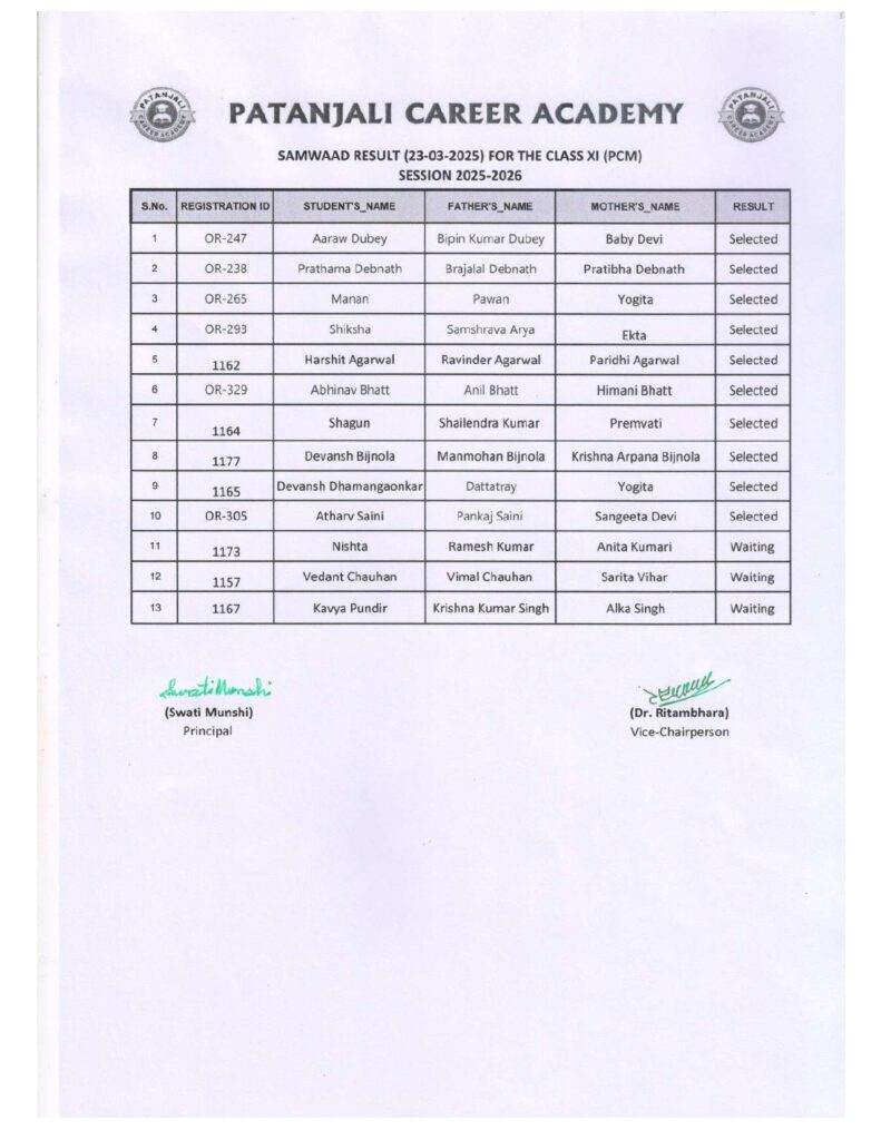 acharya kulam Samwaad Result 23 03 2025 For The Class XI PCM Session 2025-26